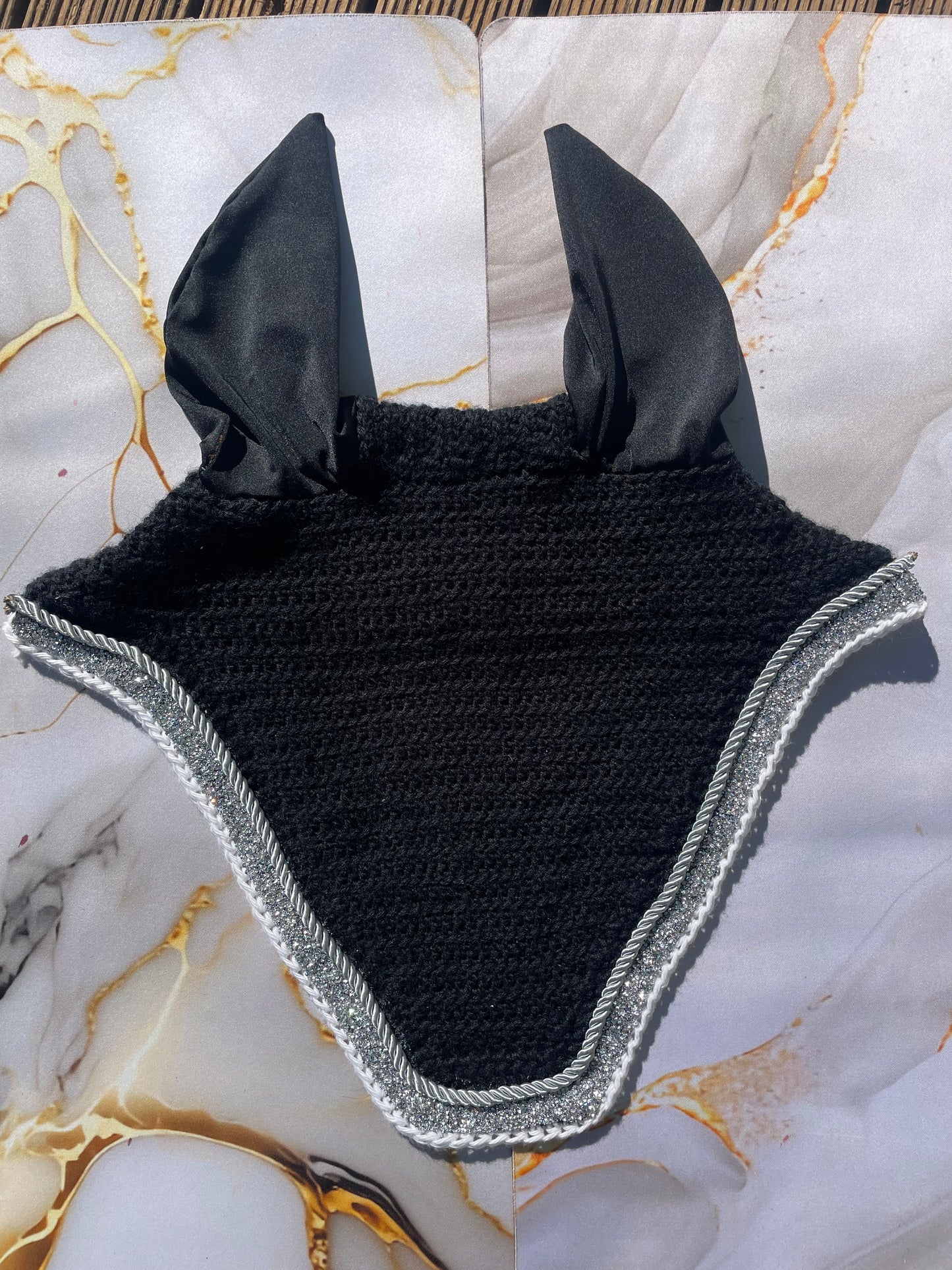 Black & silver white trim horse bonnet