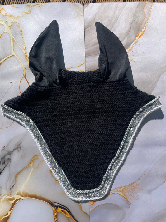 Black & silver white trim horse bonnet
