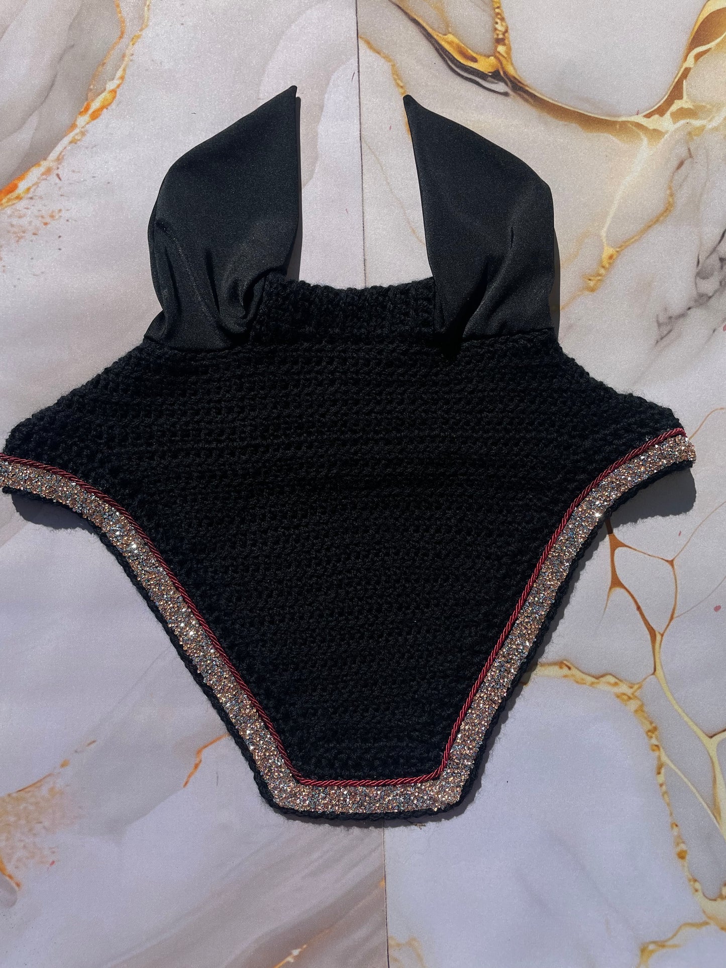 Black & gold red trim bonnet