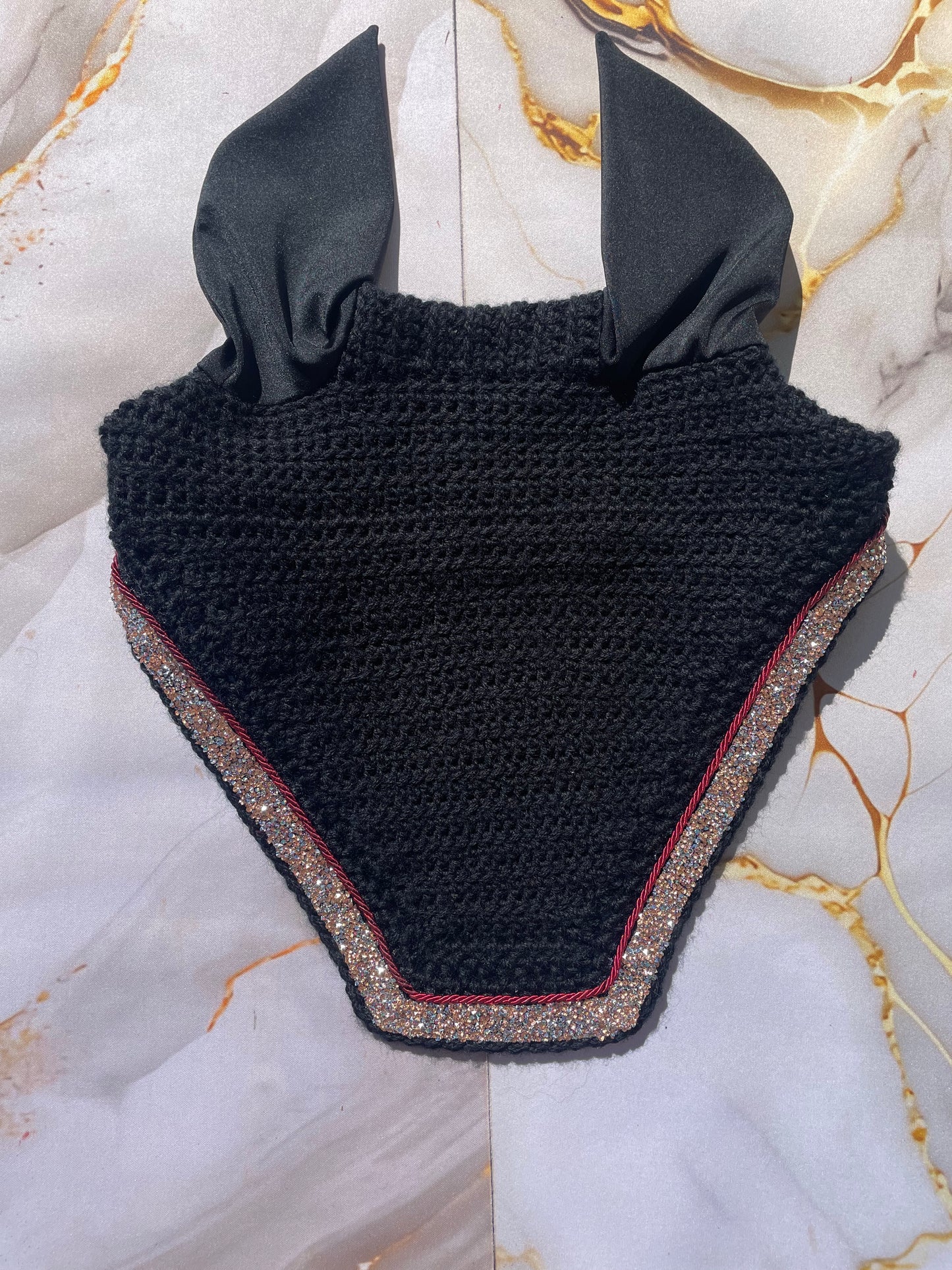 Black & gold red trim bonnet